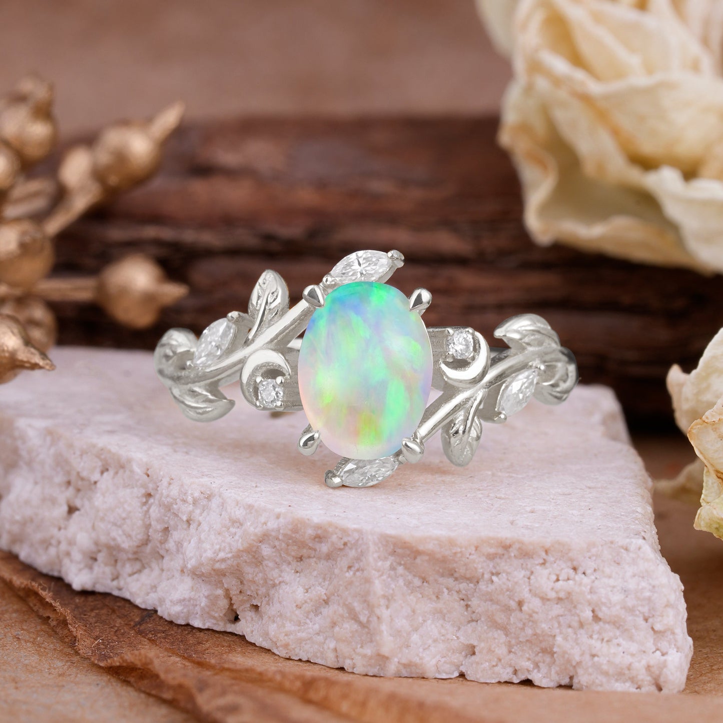 4 Prong Nature Inspired Leafy Vine Pear Cut Opal Engagement Ring