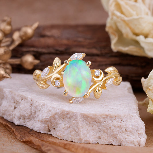 4 Prong Nature Inspired Leafy Vine Pear Cut Opal Engagement Ring