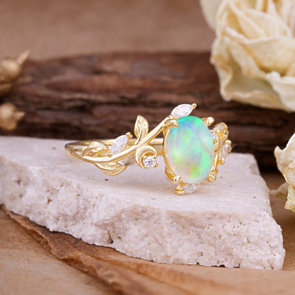 4 Prong Nature Inspired Leafy Vine Pear Cut Opal Engagement Ring