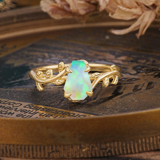 Elegant Coffin Cut 4 Prong Leaf Vine Fire Opal Engagement Ring