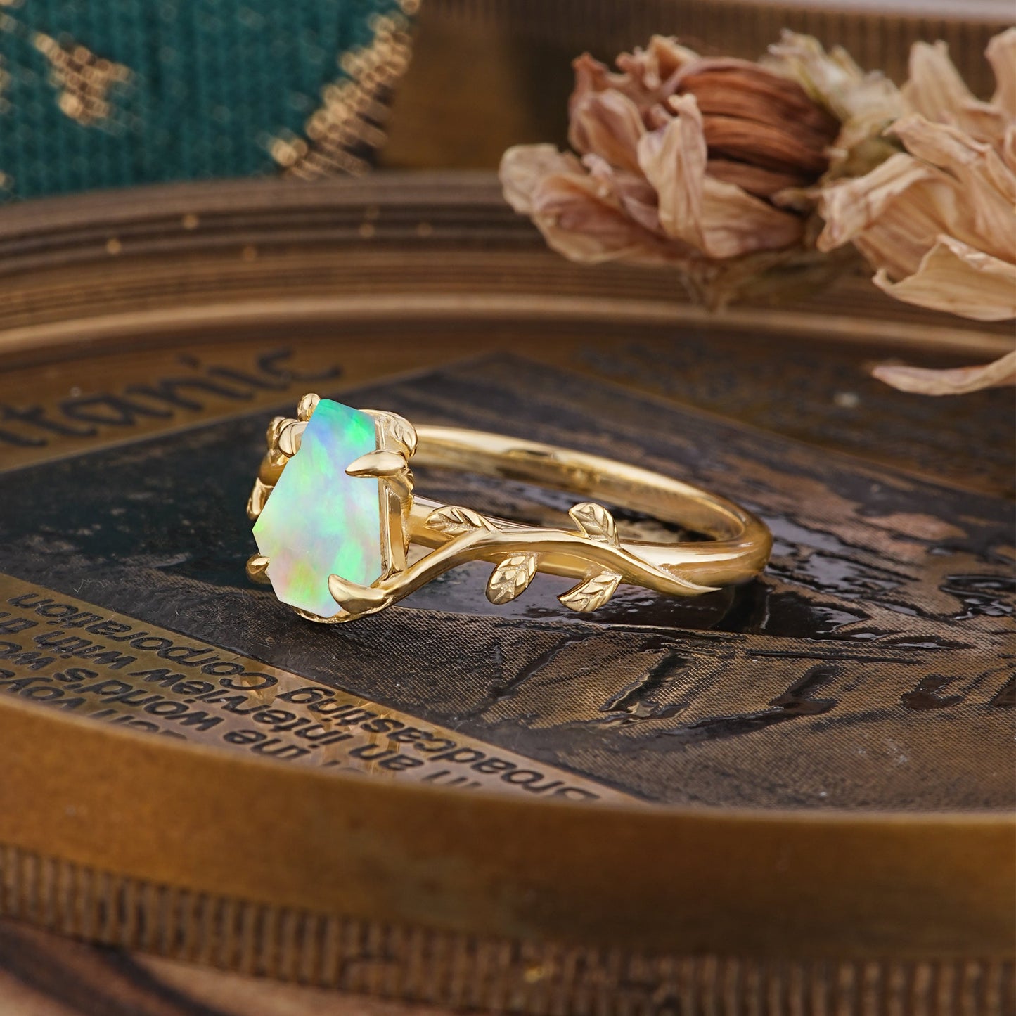 Elegant Coffin Cut 4 Prong Leaf Vine Fire Opal Engagement Ring