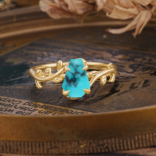 Elegant Coffin Cut 4 Prong Leaf Vine Turquoise Engagement Ring