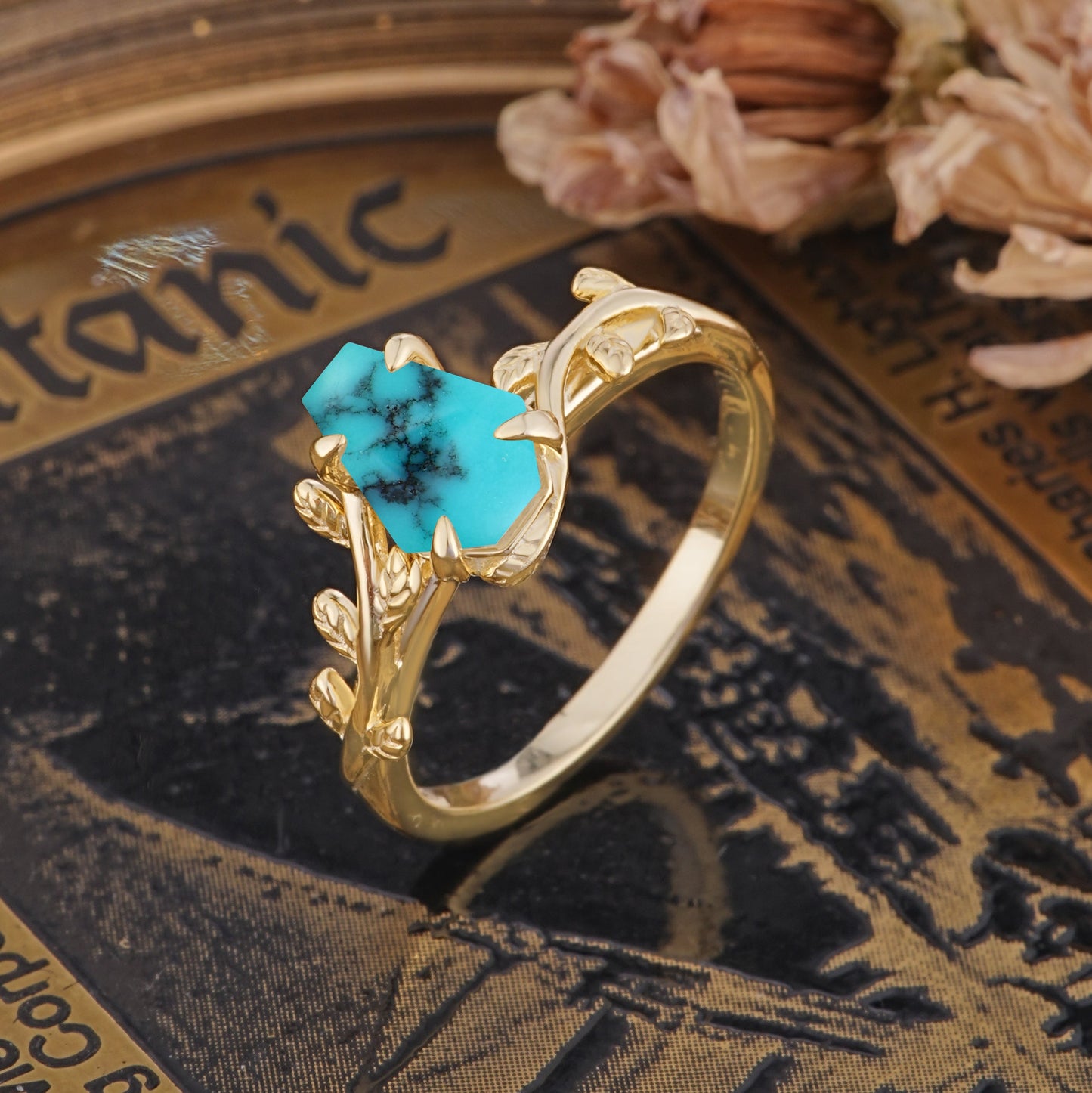 Elegant Coffin Cut 4 Prong Leaf Vine Turquoise Engagement Ring