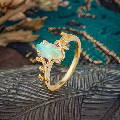 Nature-Inspired Leafy Branch 4-Prong Marquise Opal Engagement Ring