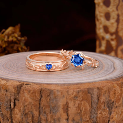 Nature-Inspired Vine-Wrapped 4-Prong Hexagon-Cut Sapphire Engagement Couple Rings