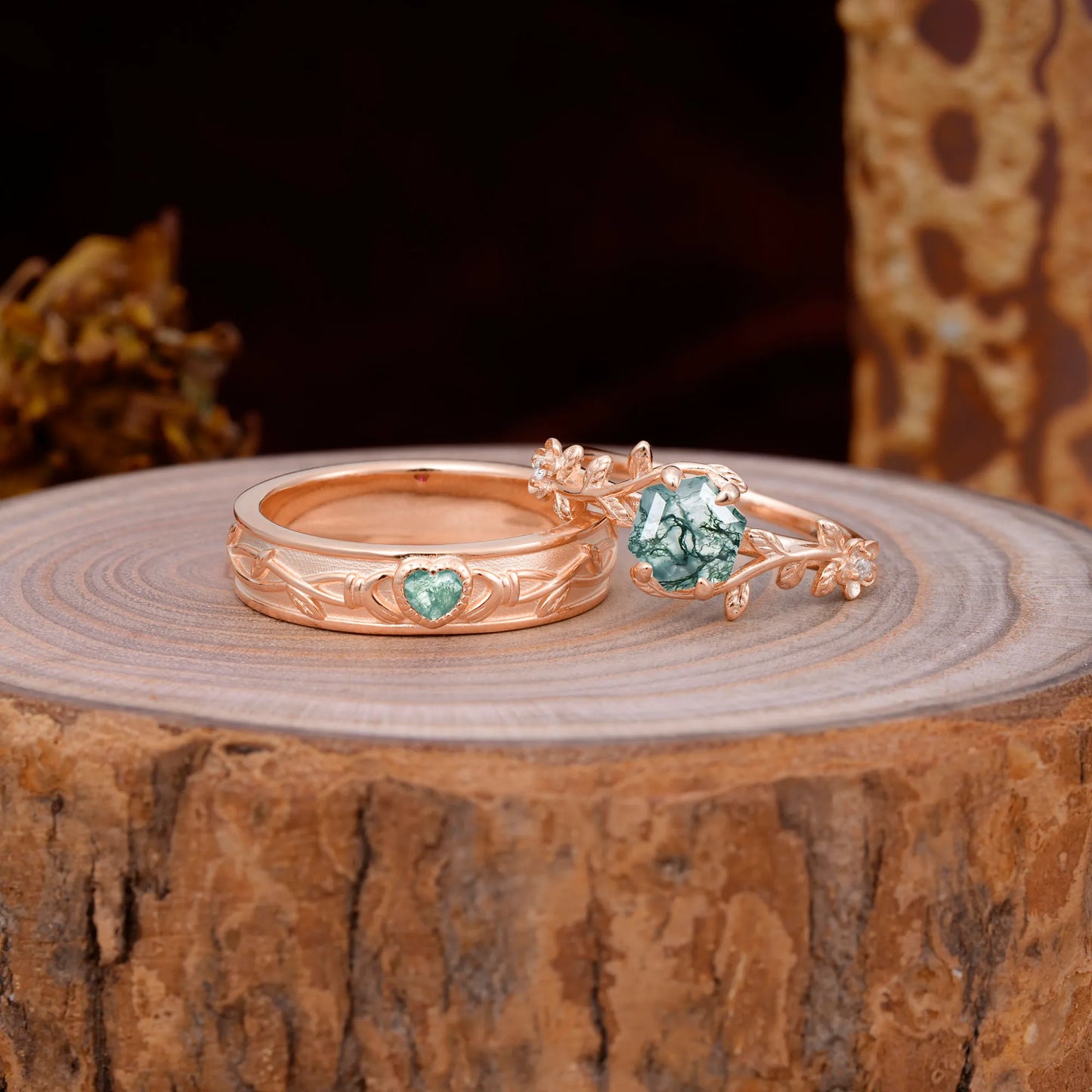 Nature-Inspired Vine-Wrapped 4-Prong Hexagon-Cut Moss Agate Engagement Couple Rings