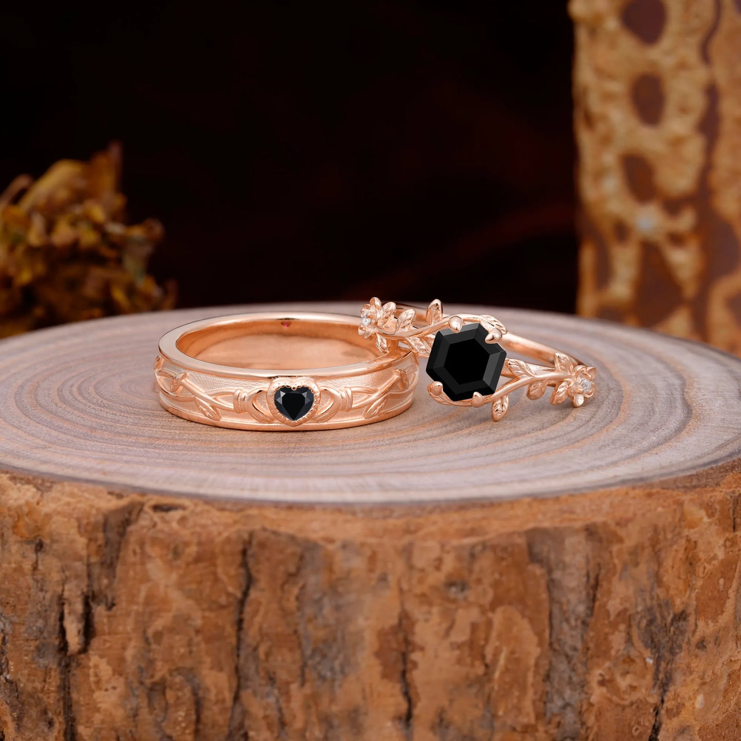 Nature-Inspired Vine-Wrapped 4-Prong Hexagon-Cut Black Onyx Engagement Couple Rings