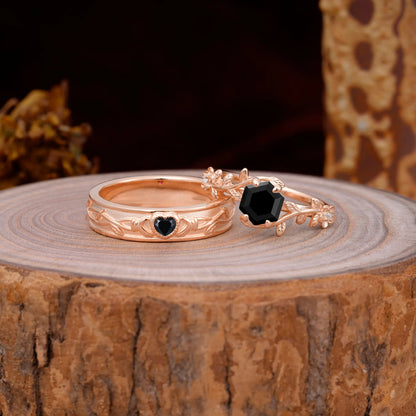 Nature-Inspired Vine-Wrapped 4-Prong Hexagon-Cut Black Onyx Engagement Couple Rings