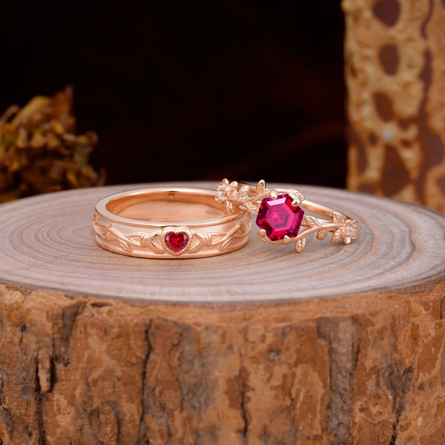 Nature-Inspired Vine-Wrapped 4-Prong Hexagon-Cut Ruby Engagement Couple Rings