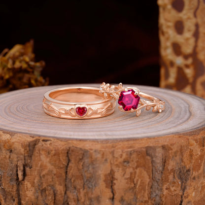 Nature-Inspired Vine-Wrapped 4-Prong Hexagon-Cut Ruby Engagement Couple Rings