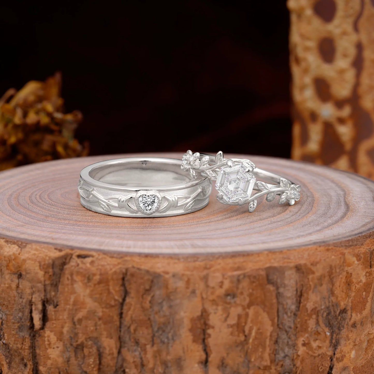 Nature-Inspired Vine-Wrapped 4-Prong Hexagon-Cut Moissanite Engagement Couple Rings