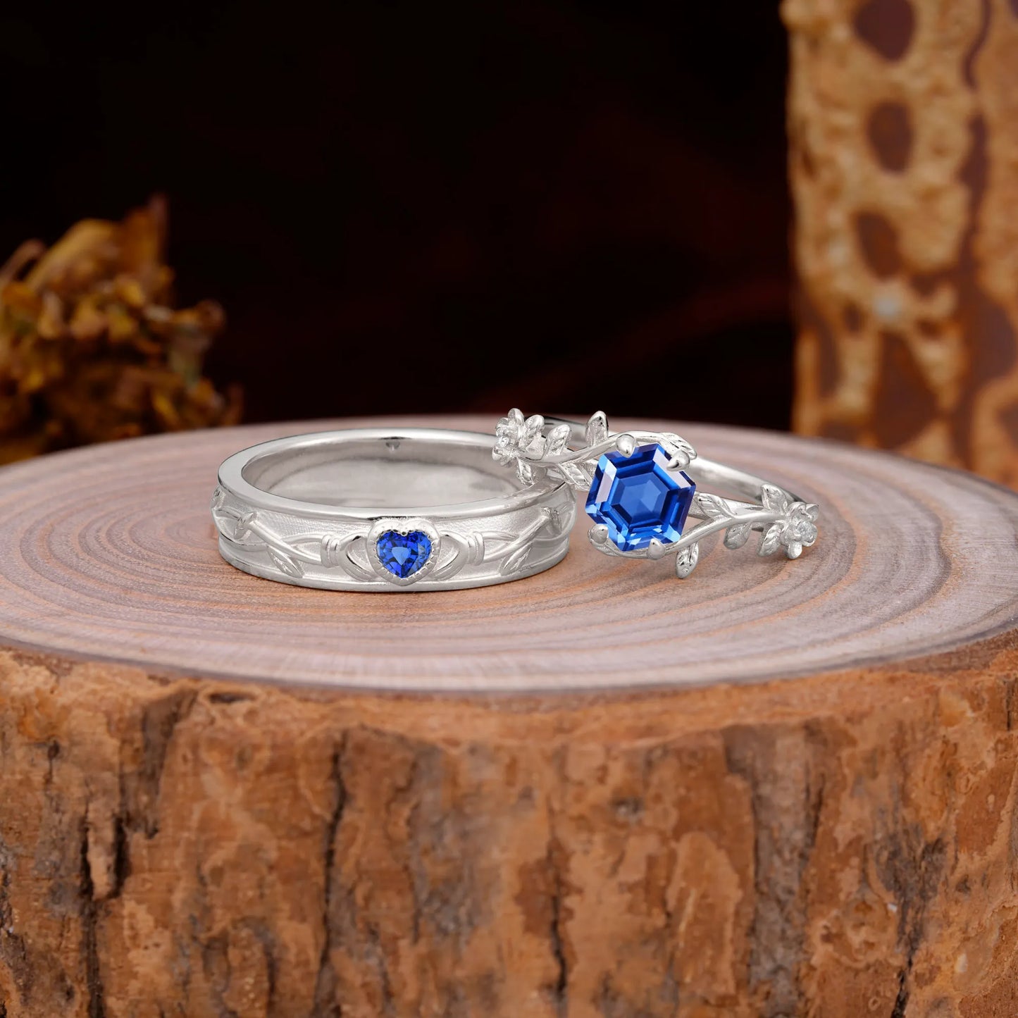 Nature-Inspired Vine-Wrapped 4-Prong Hexagon-Cut Sapphire Engagement Couple Rings