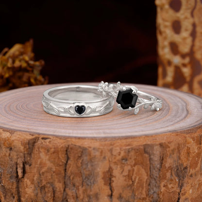 Nature-Inspired Vine-Wrapped 4-Prong Hexagon-Cut Black Onyx Engagement Couple Rings