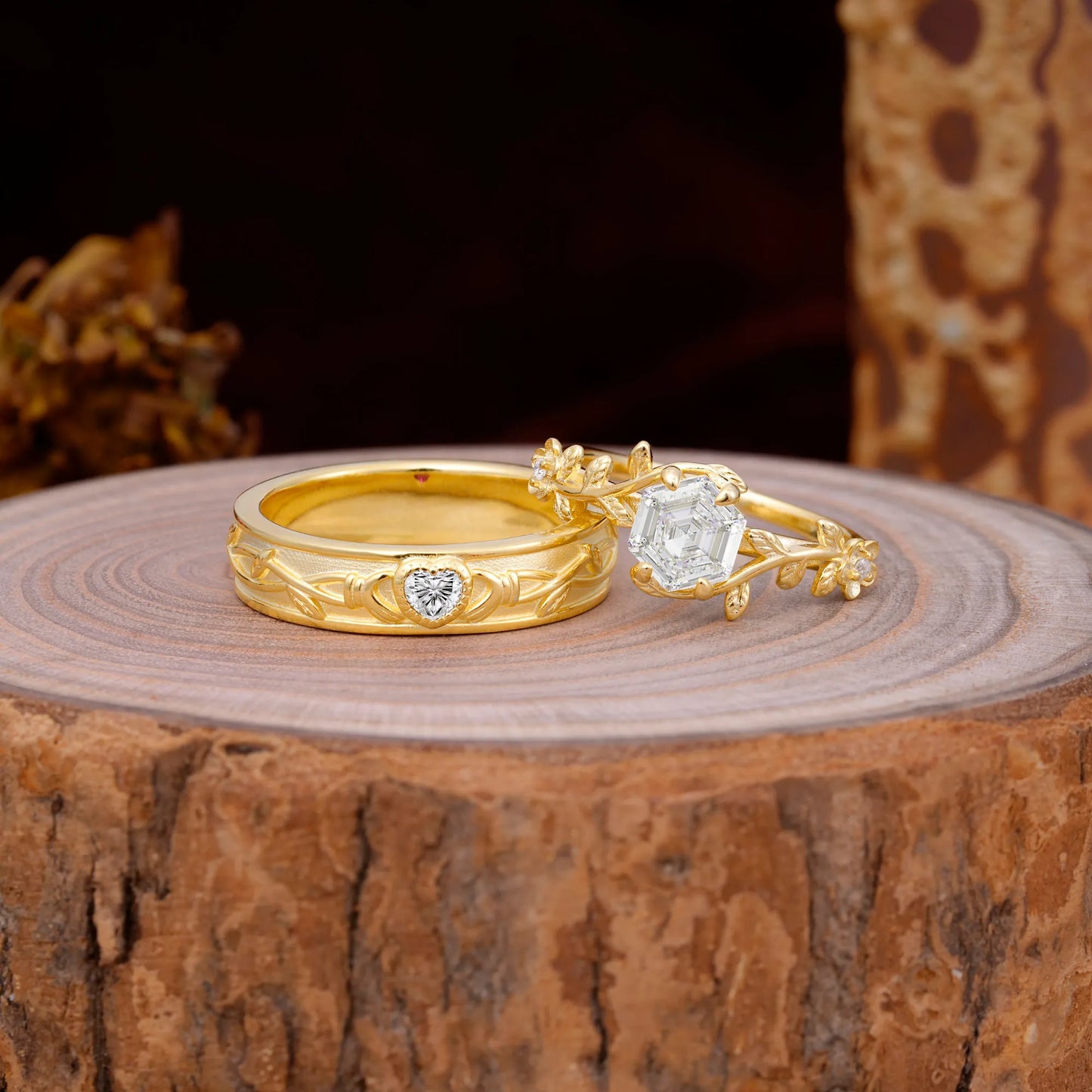 Nature-Inspired Vine-Wrapped 4-Prong Hexagon-Cut Moissanite Engagement Couple Rings