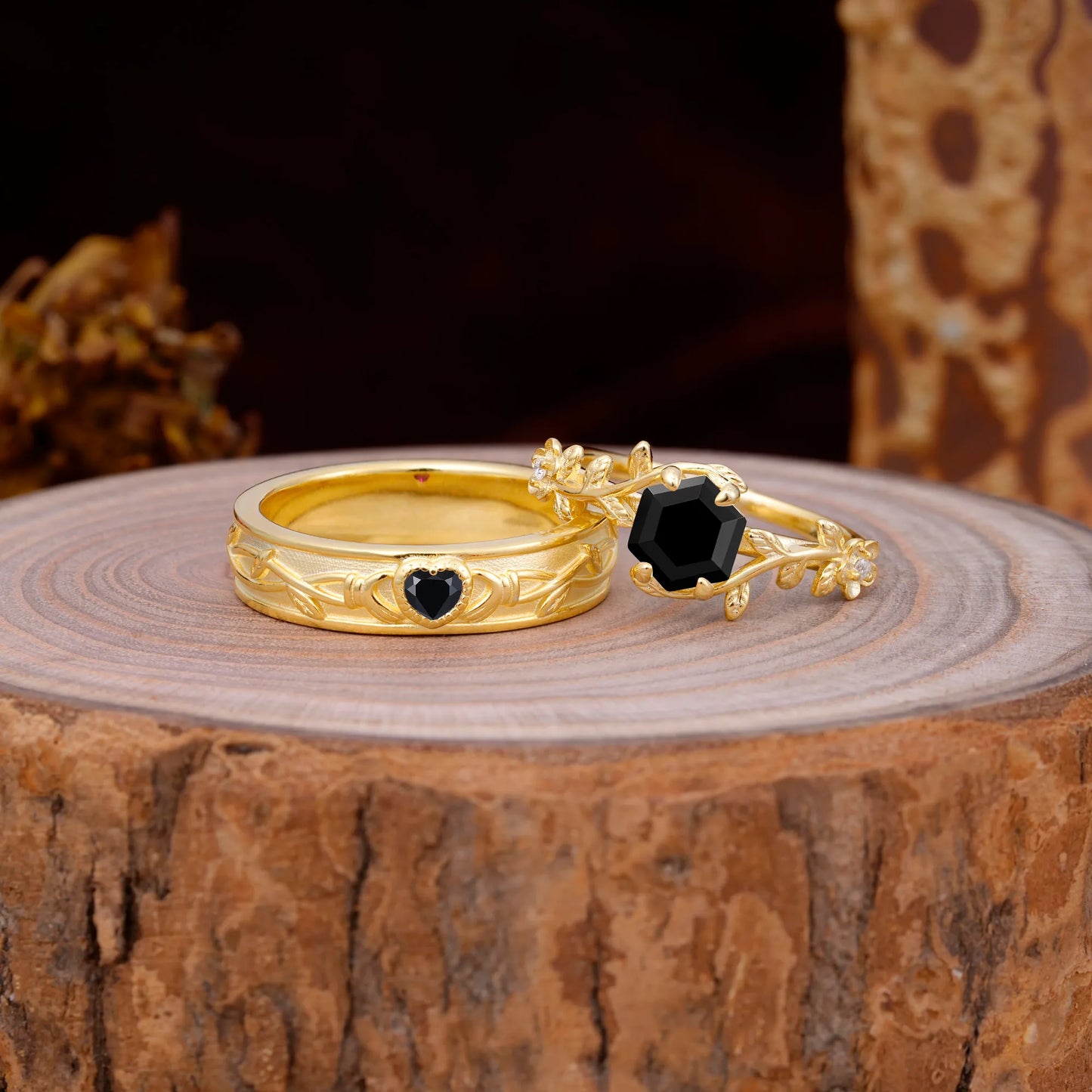Nature-Inspired Vine-Wrapped 4-Prong Hexagon-Cut Black Onyx Engagement Couple Rings