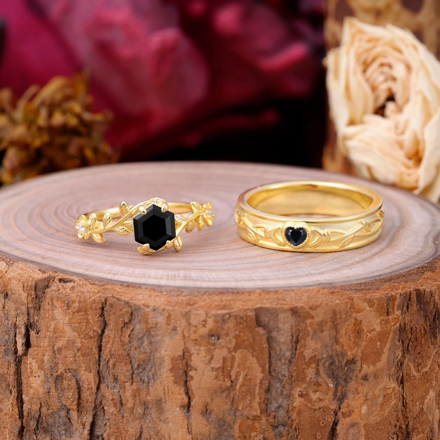 Nature-Inspired Vine-Wrapped 4-Prong Hexagon-Cut Black Onyx Engagement Couple Rings
