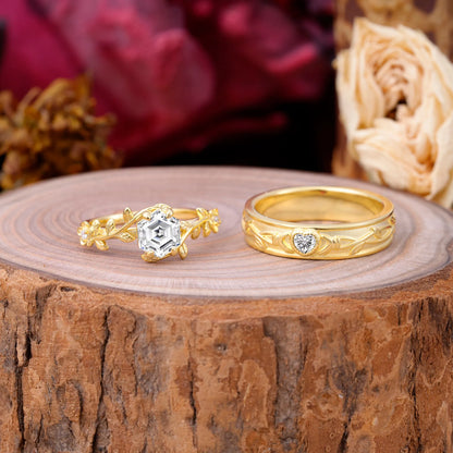 Nature-Inspired Vine-Wrapped 4-Prong Hexagon-Cut Lab Diamond Engagement Couple Rings
