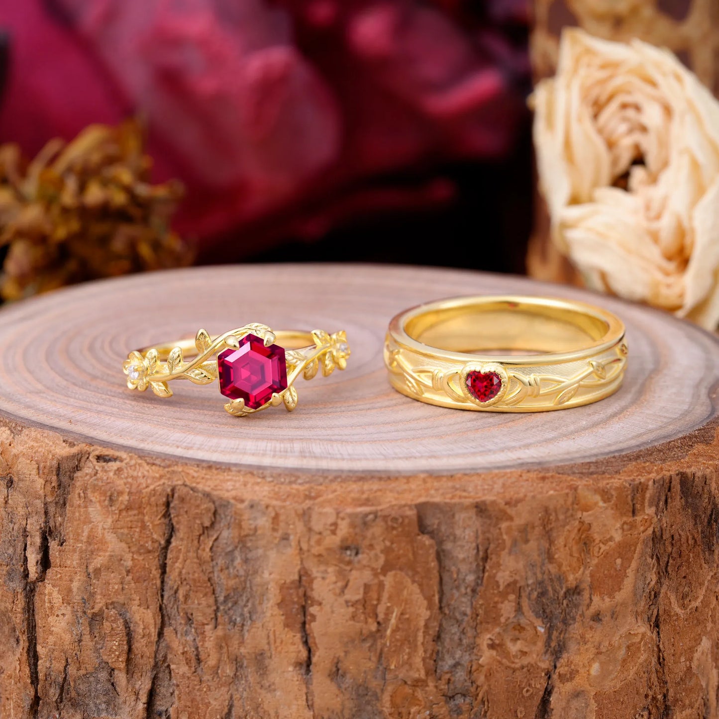 Nature-Inspired Vine-Wrapped 4-Prong Hexagon-Cut Ruby Engagement Couple Rings