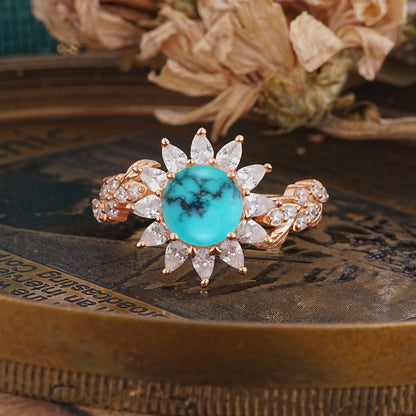 Nature-Inspired Sunflower 4-Prong Round Cut Turquoise Engagement Ring
