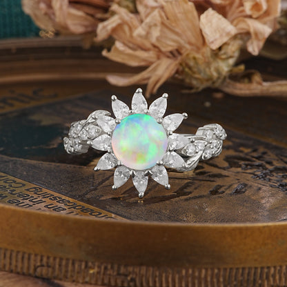 Nature-Inspired Sunflower 4-Prong Round Cut Fire Opal Engagement Ring