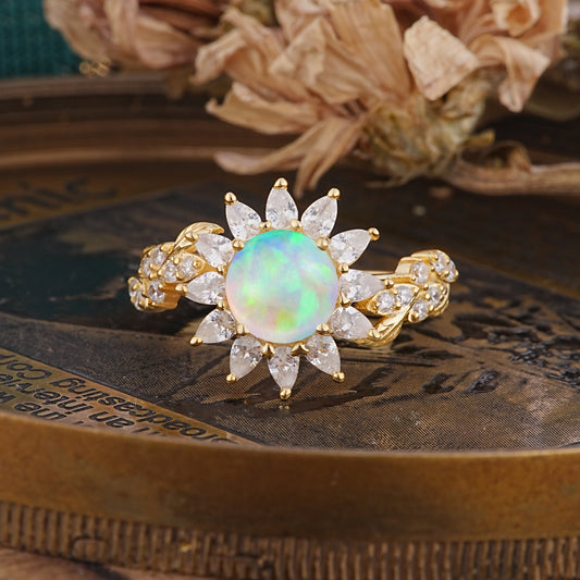 Nature-Inspired Sunflower 4-Prong Round Cut Fire Opal Engagement Ring
