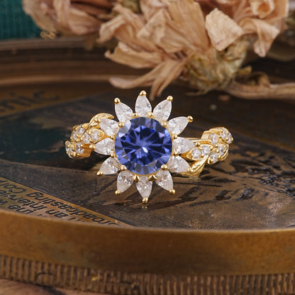 Nature-Inspired Sunflower 4-Prong Round Cut Tanzanite Engagement Ring