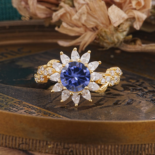 Nature-Inspired Sunflower 4-Prong Round Cut Tanzanite Engagement Ring