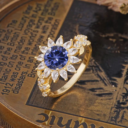 Nature-Inspired Sunflower 4-Prong Round Cut Tanzanite Engagement Ring