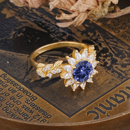 Nature-Inspired Sunflower 4-Prong Round Cut Tanzanite Engagement Ring