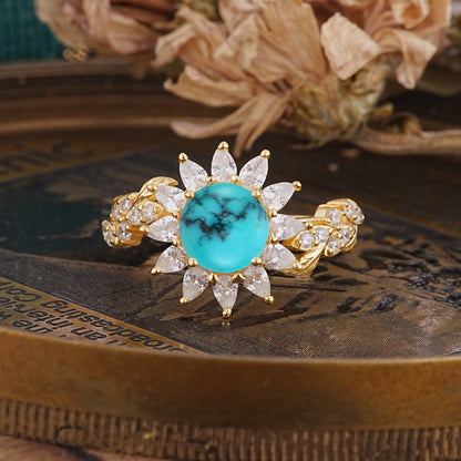 Nature-Inspired Sunflower 4-Prong Round Cut Turquoise Engagement Ring