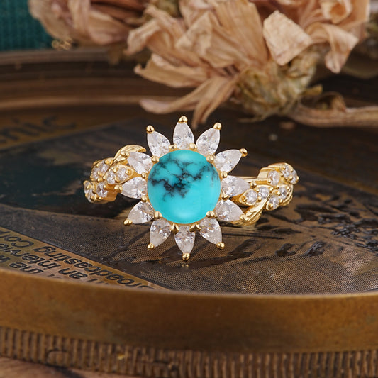 Nature-Inspired Sunflower 4-Prong Round Cut Turquoise Engagement Ring