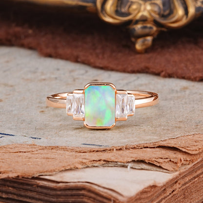 Emerald Cut Baguette Side Stones Opal Engagement  Ring