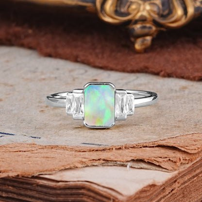 Emerald Cut Baguette Side Stones Opal Engagement  Ring