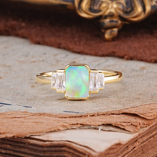 Emerald Cut Baguette Side Stones Opal Engagement  Ring