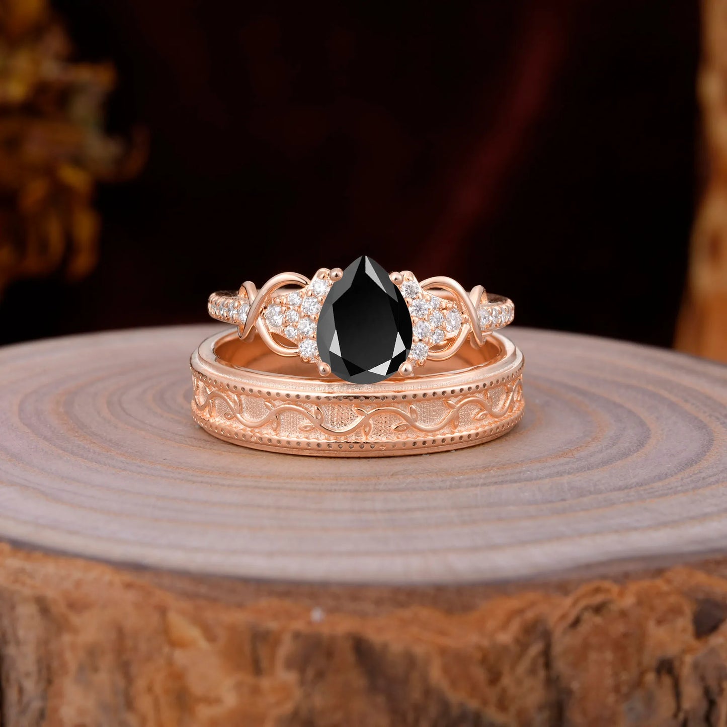 Luxurious Vintage 4-Prong Pear-Cut Natural Black Onyx Engagement Couple Rings