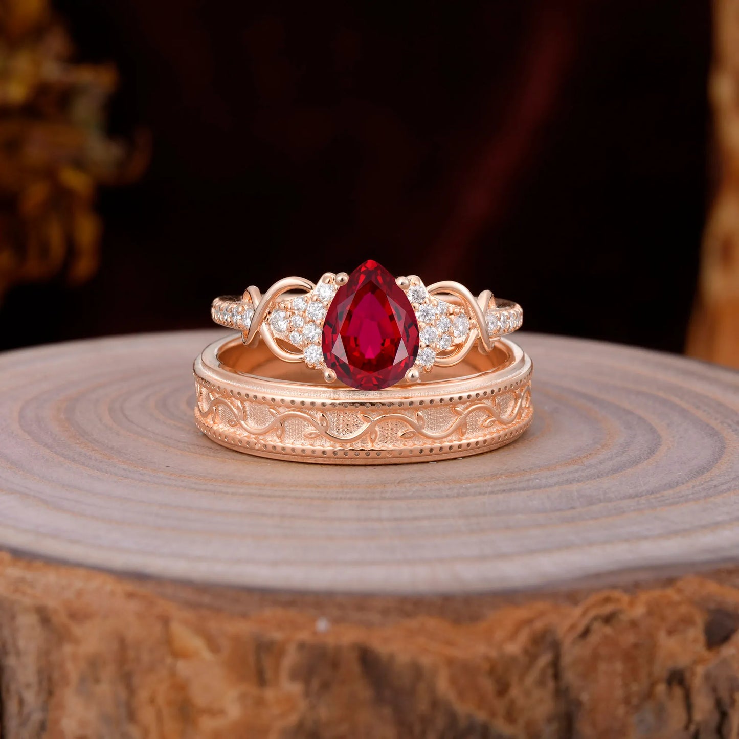 Luxurious Vintage 4-Prong Pear-Cut Ruby Engagement Couple Rings