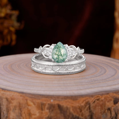 Luxurious Vintage 4-Prong Pear-Cut Natural Moss Agate Engagement Couple Rings