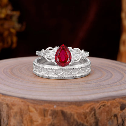 Luxurious Vintage 4-Prong Pear-Cut Ruby Engagement Couple Rings