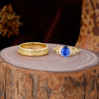 Luxurious Vintage 4-Prong Pear-Cut Sapphire Engagement Couple Rings