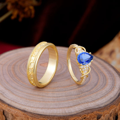 Luxurious Vintage 4-Prong Pear-Cut Sapphire Engagement Couple Rings