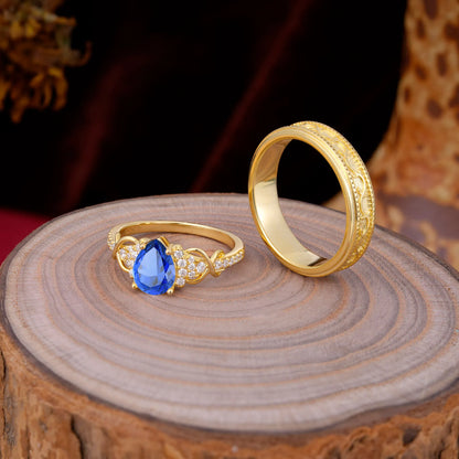 Luxurious Vintage 4-Prong Pear-Cut Sapphire Engagement Couple Rings