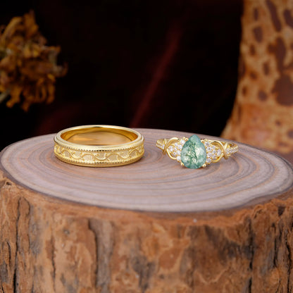 Luxurious Vintage 4-Prong Pear-Cut Natural Moss Agate Engagement Couple Rings