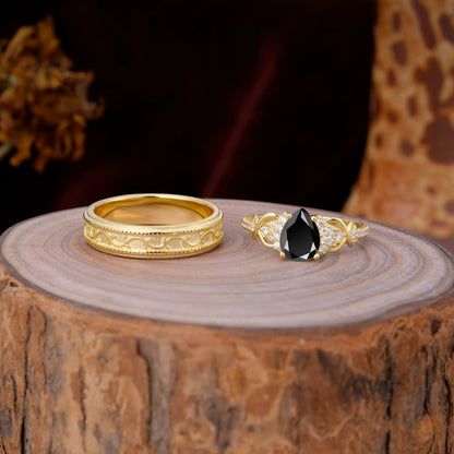 Luxurious Vintage 4-Prong Pear-Cut Natural Black Onyx Engagement Couple Rings