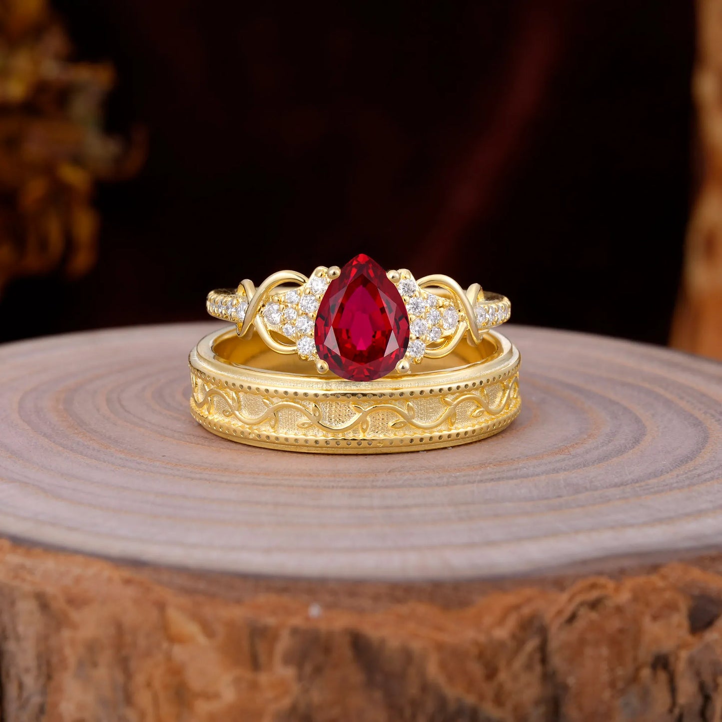Luxurious Vintage 4-Prong Pear-Cut Ruby Engagement Couple Rings