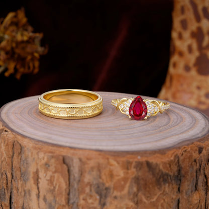 Luxurious Vintage 4-Prong Pear-Cut Ruby Engagement Couple Rings