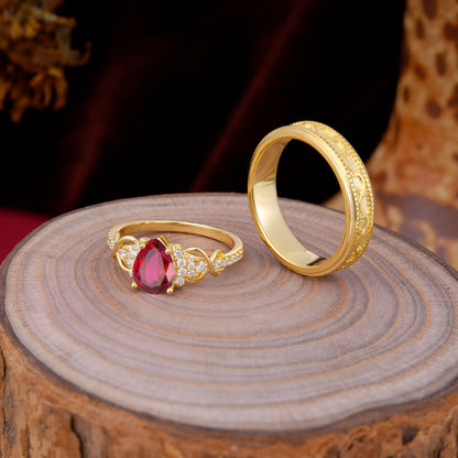 Luxurious Vintage 4-Prong Pear-Cut Ruby Engagement Couple Rings