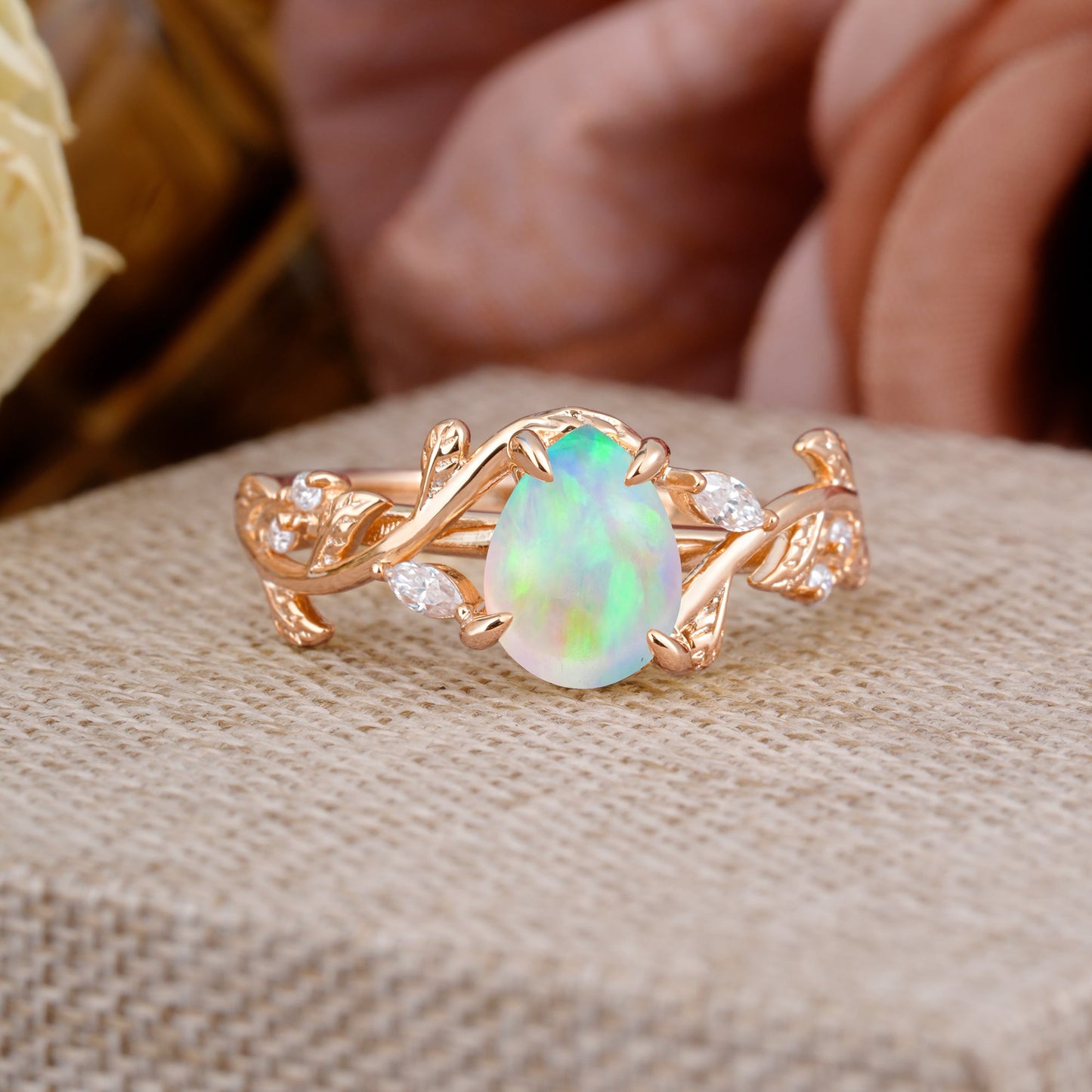 4 Prong Nature Inspired Pear Cut Opal Leaf Gold Engagement Ring