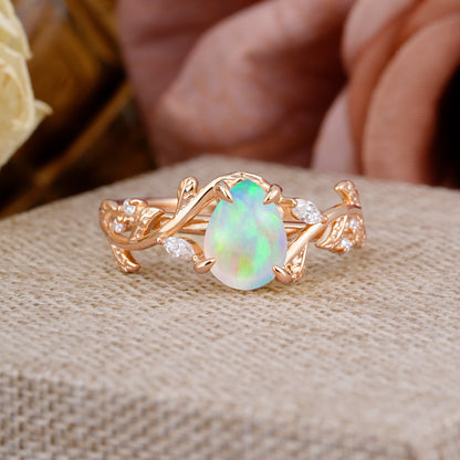 4 Prong Nature Inspired Pear Cut Opal Leaf Gold Engagement Ring