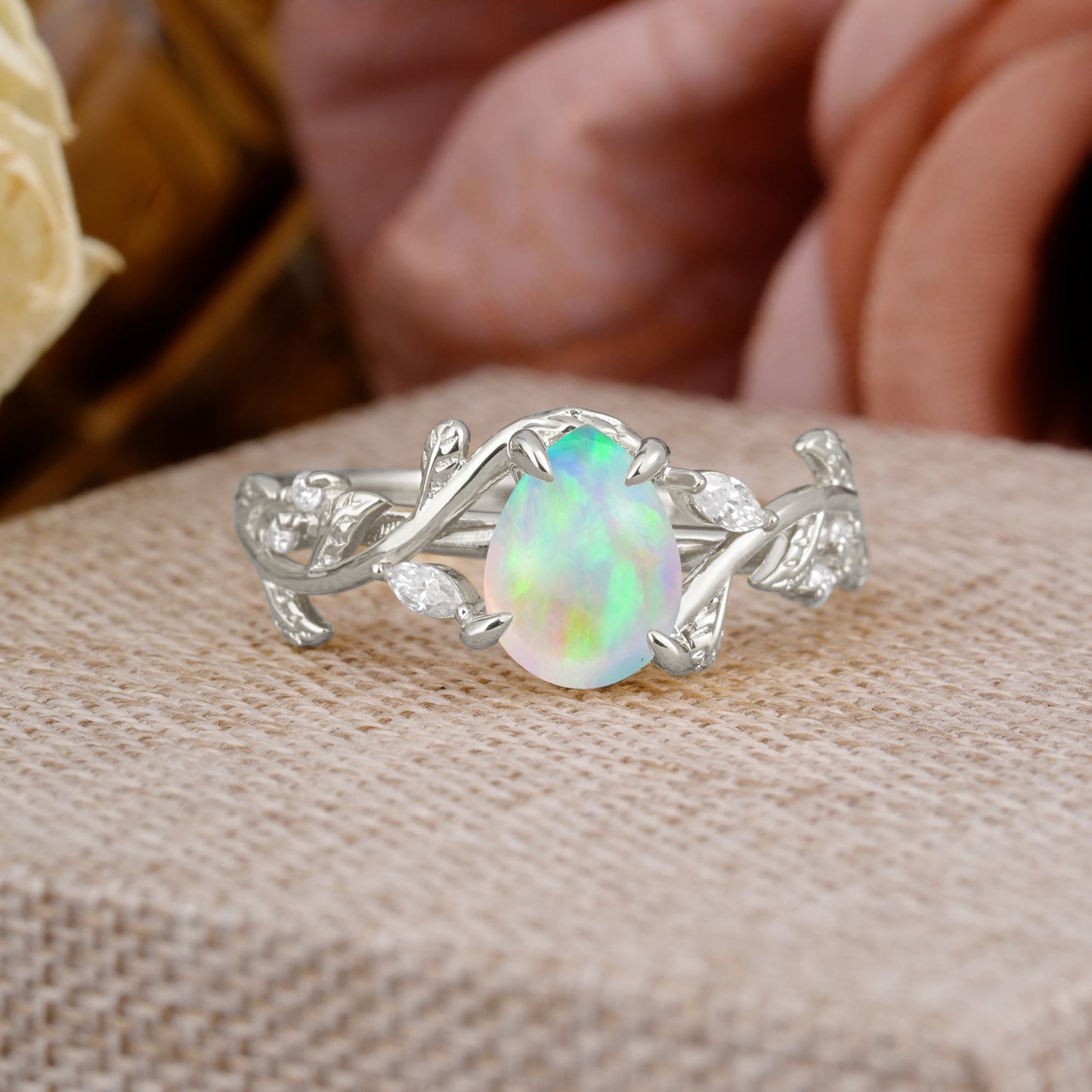 4 Prong Nature Inspired Pear Cut Opal Leaf Gold Engagement Ring