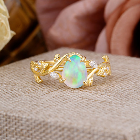 4 Prong Nature Inspired Pear Cut Opal Leaf Gold Engagement Ring